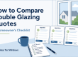 Illustration showing a homeowner checklist for comparing three double glazing quotes, including price, window quality, energy rating, guarantee and installation.