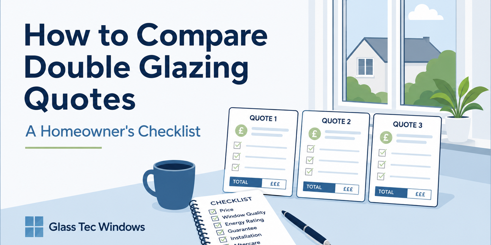 Illustration showing a homeowner checklist for comparing three double glazing quotes, including price, window quality, energy rating, guarantee and installation.