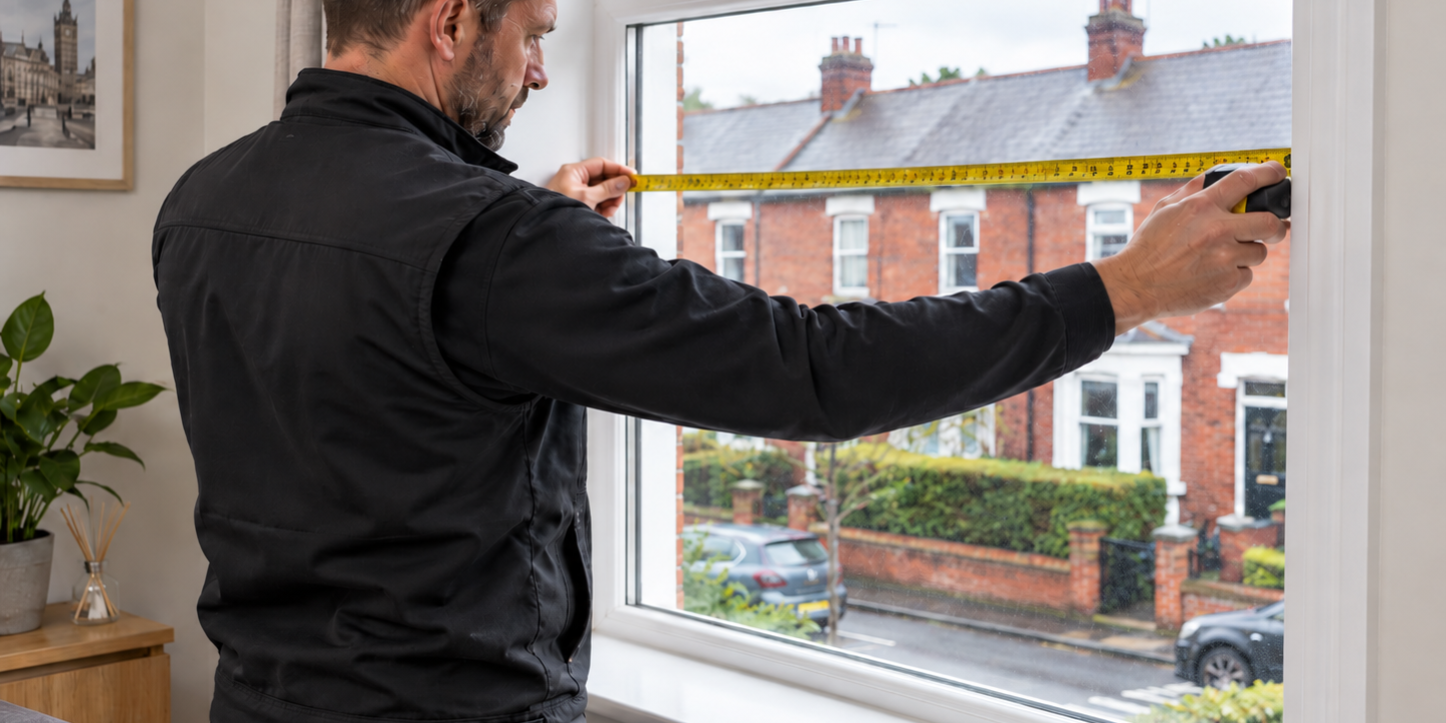 Installer measuring a replacement uPVC window inside a Manchester home