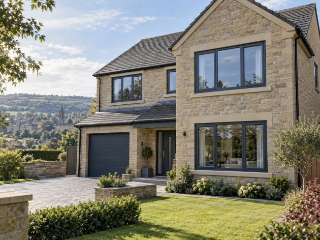 halifax-modern-home-windows White uPVC window sightlines showing the frame, central division and visible glass against a brick wall