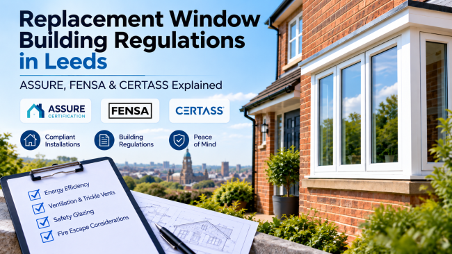 replacement-window-building-regulations-leeds-no-brand-lossless Replacement double glazed windows in Leeds with ASSURE, FENSA and CERTASS Building Regulations certification explained.