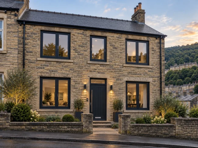 todmorden-modern-rehau-windows-composite-door Modern Todmorden stone house with black REHAU-style windows and a black composite front doo
